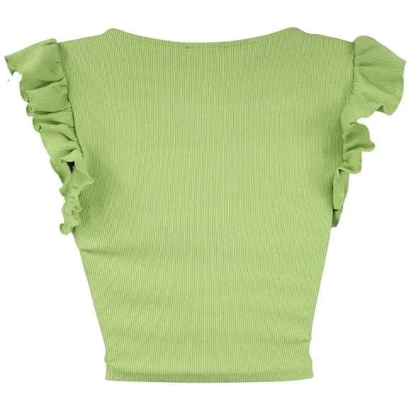 Zara Lime Green Ribbed Ruched Crop Top Ruffle Sleeve V Neck Stretch Size S - Picture 2 of 4